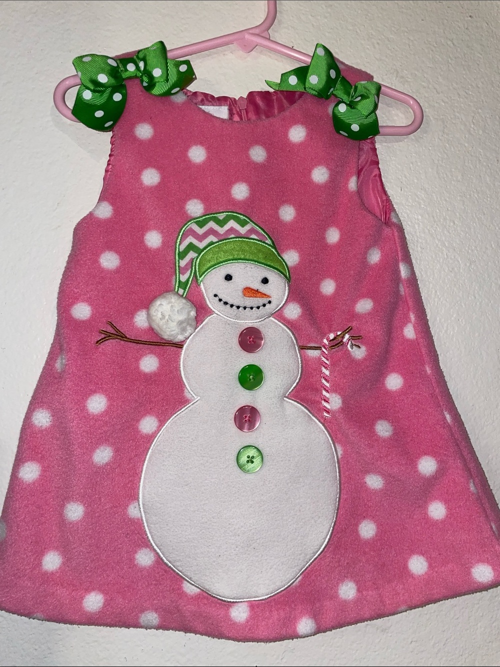 Bonnie Baby Pink Polka Dot Snowman Dress with Green Accents